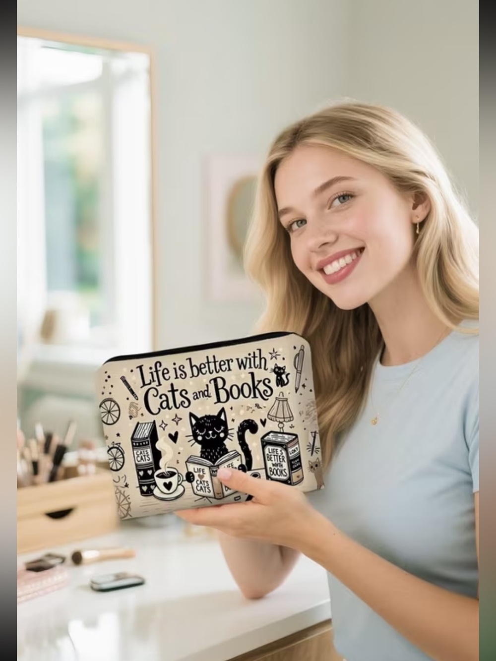 Cute Cats & Books Beige Fabric Pouch - Cat Lover Accessory